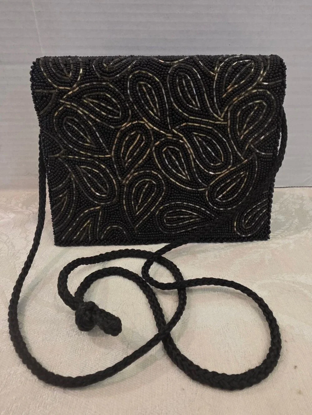 Vintage Black & Bronze Beaded Evening Clutch Teardrop Pattern Black Cord Strap